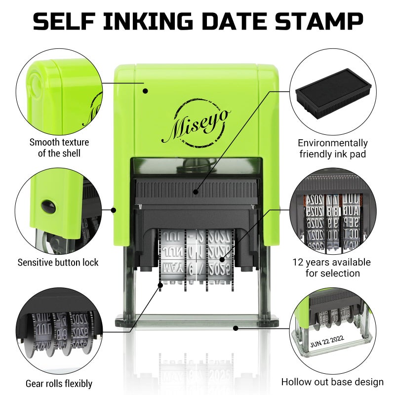 Miseyo Self Inking Date Stamp - Green (2 Black Refill Ink pad Included) - Image 2
